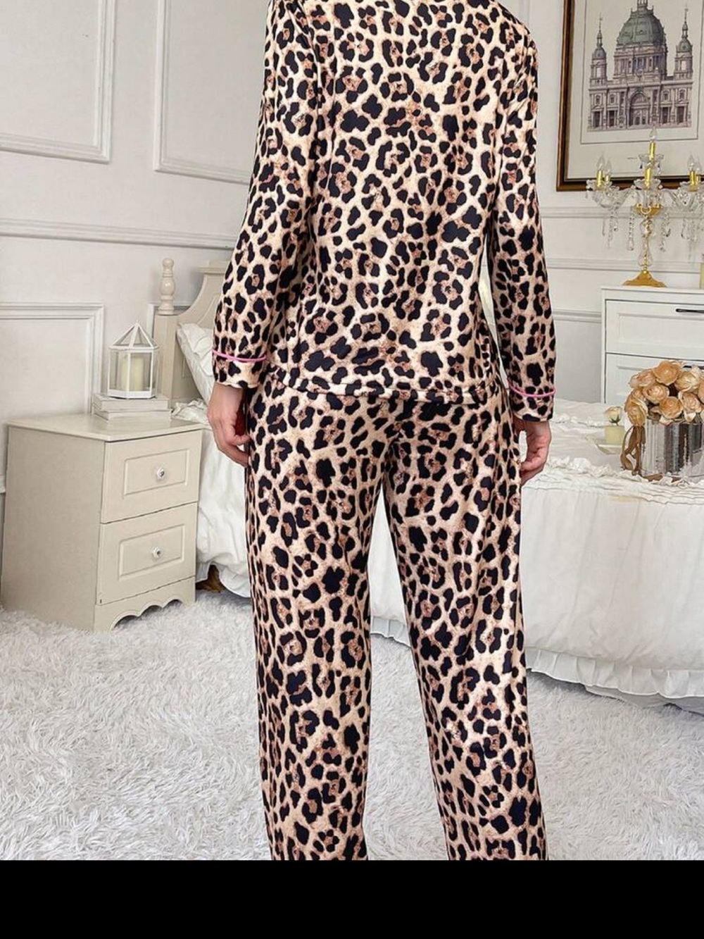 Designer Leopard Print Satin Pajama Set Pink Piping large - Picture 3 of 4